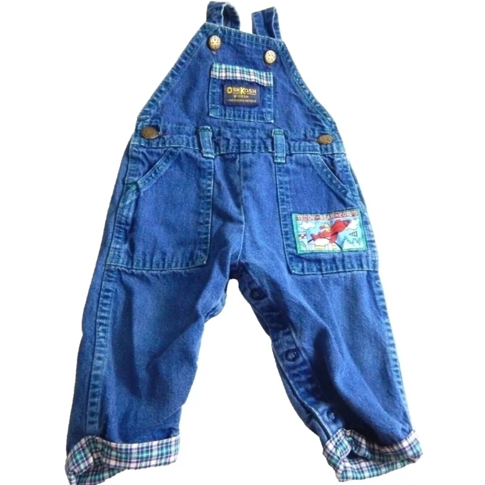 Oshkosh Vintage 1990's Denim Overalls Teddy Bear Plaid